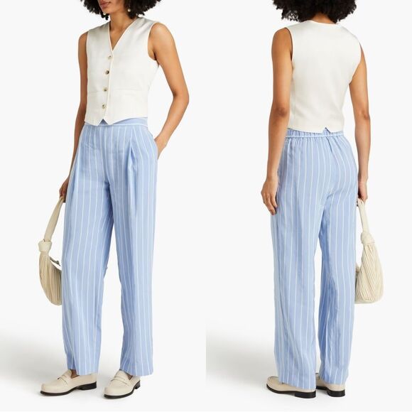 VINCE Pleated woven linen blend wide-leg pants in blue stripe - Picture 1 of 14